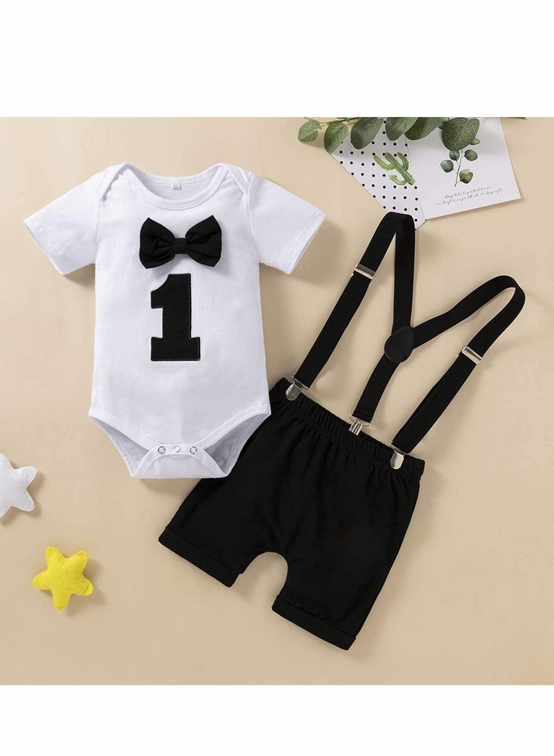 Y&D Baby Boys First Birthday Outfit, Boy Cake Smash Formal Suit Gentleman Romper Bow-tie Pants Outfits Set Costume, Suspender and Shorts Outfit for 1st - Size 100 - Image 1
