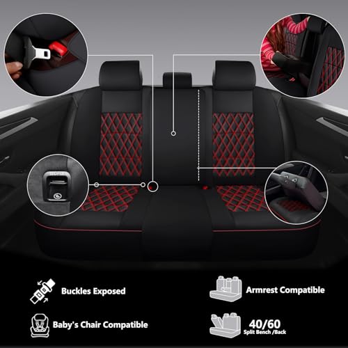 NS YOLO Leather Car Seat Covers,Universal Fit for Most Cars,SUVs and Sedans,Waterproof Luxury Leatherette Cushions, 5 Seats Protectors (Black and Red, Full Set-5 Seats(Front and Rear)) - Image 5