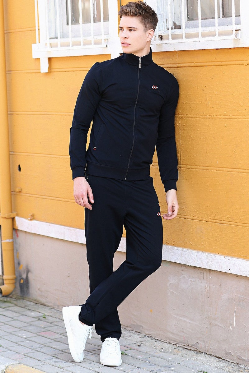 Tommy Life Navy Blue Men's Stand Collar Zippered Slim Fit Classic Leg Tracksuit-85072  - Image 1