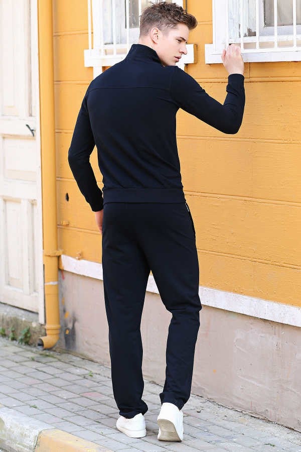 Tommy Life Navy Blue Men's Stand Collar Zippered Slim Fit Classic Leg Tracksuit-85072  - Image 3