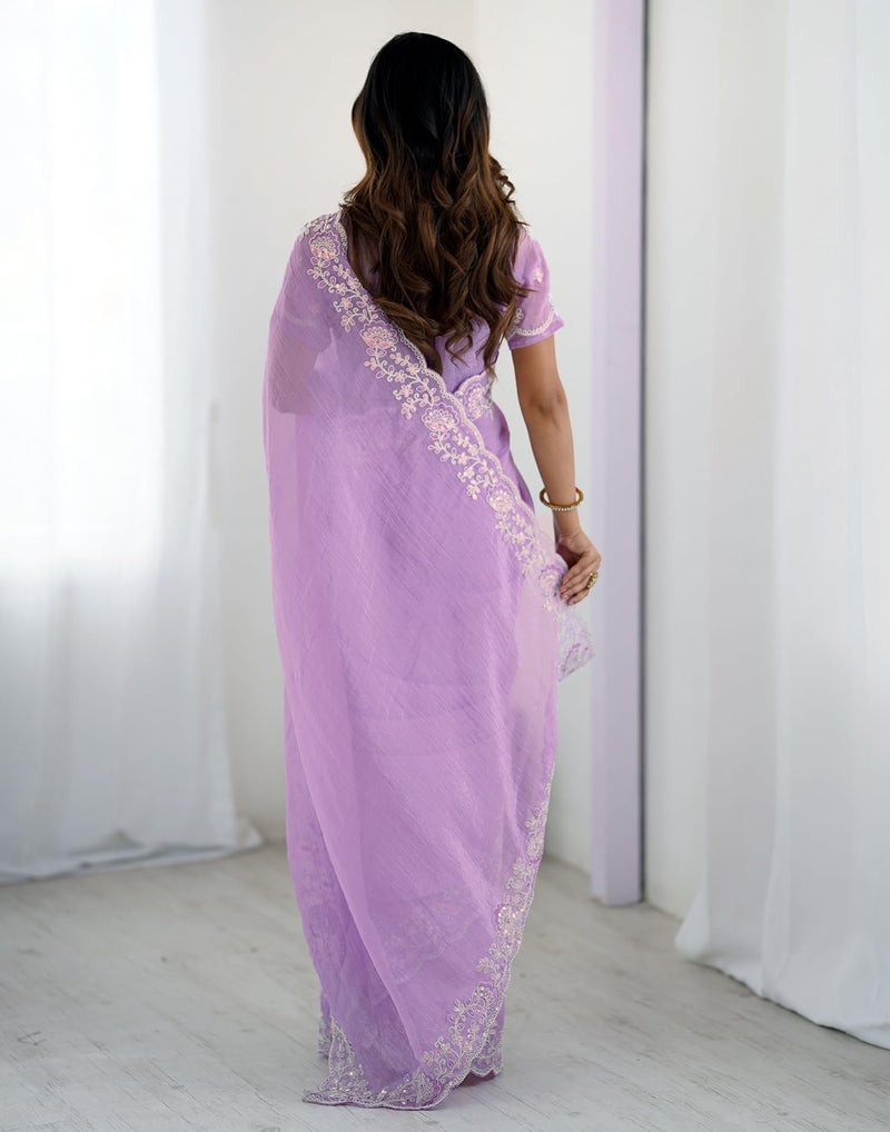 SIRIL Women's Shimmer Chiffon Sequence Embroidery Saree with Unstitched Blouse Piece (4487S455_Light Purple) - Image 4