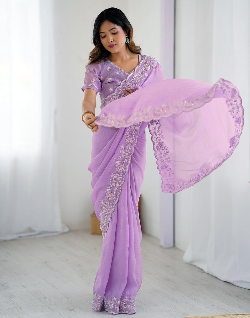 SIRIL Women's Shimmer Chiffon Sequence Embroidery Saree with Unstitched Blouse Piece (4487S455_Light Purple) - Image 3