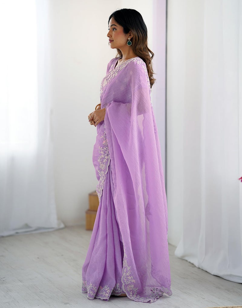 SIRIL Women's Shimmer Chiffon Sequence Embroidery Saree with Unstitched Blouse Piece (4487S455_Light Purple) - Image 2