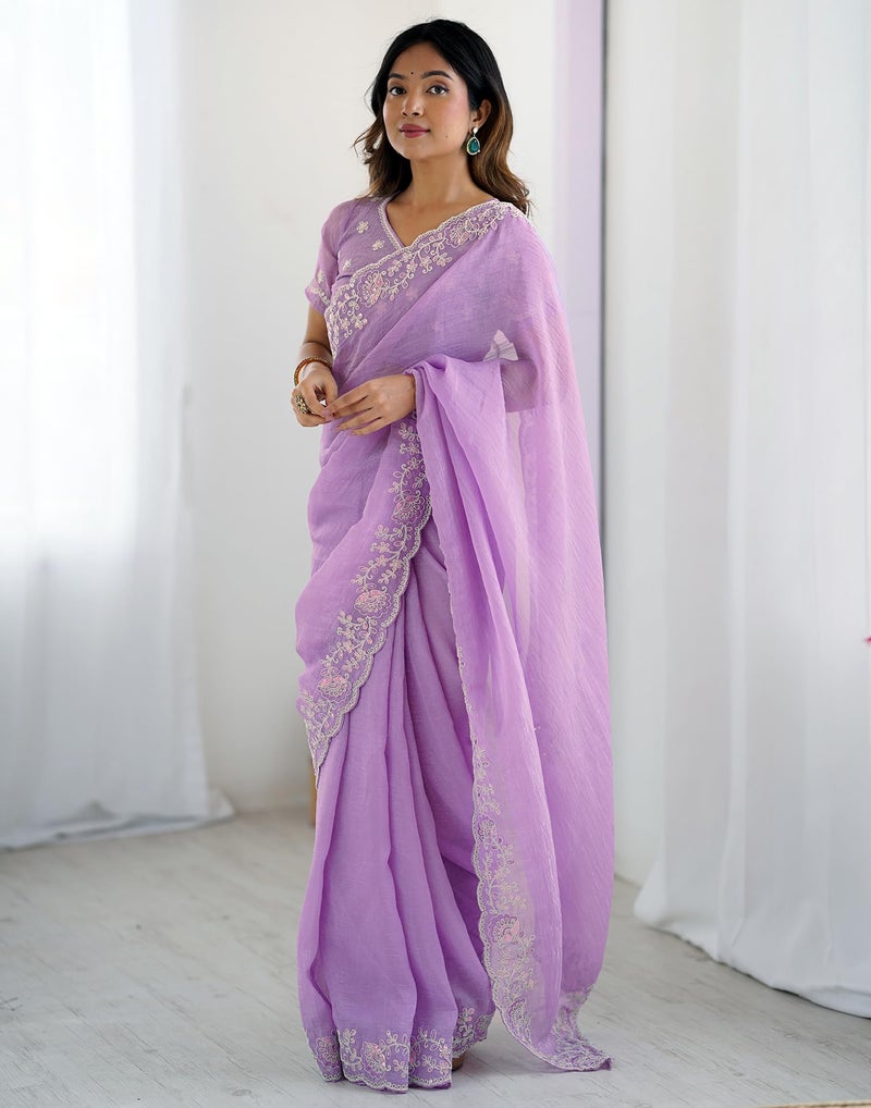 SIRIL Women's Shimmer Chiffon Sequence Embroidery Saree with Unstitched Blouse Piece (4487S455_Light Purple) - Image 5