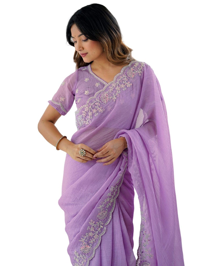SIRIL Women's Shimmer Chiffon Sequence Embroidery Saree with Unstitched Blouse Piece (4487S455_Light Purple) - Image 1