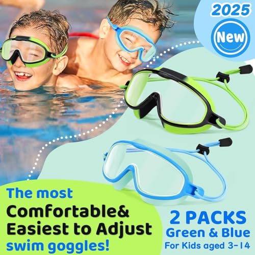 Vvinca 2 Pack Kids Goggles with Bungee Strap Wide View Anti Fog UV No Leak Swimming Mask Pool Goggle for 3-10 Toddlers Girls Boys - Image 2