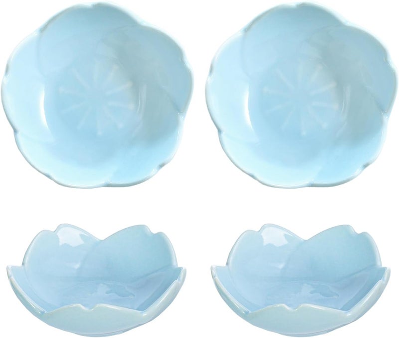 WAIT FLY WAIT FLY Beautiful 3 Inch Sakura Shaped Ceramics Seasoning DishesTea Bag HoldersKetchup SaucerAppetizer PlatesVinegar Spice Salad Soy Sushi Wasabi Seasoning Dipping Bowls Blue Set of 4  - Image 1