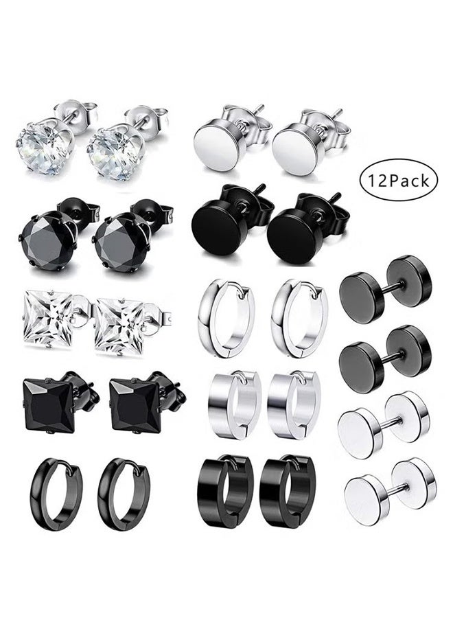 HY 12 Pairs Stainless Steel Earrings Men Cubic Zirconia Fashion Black Earrings Set For Women Girls Stud Earrings  - Image 1