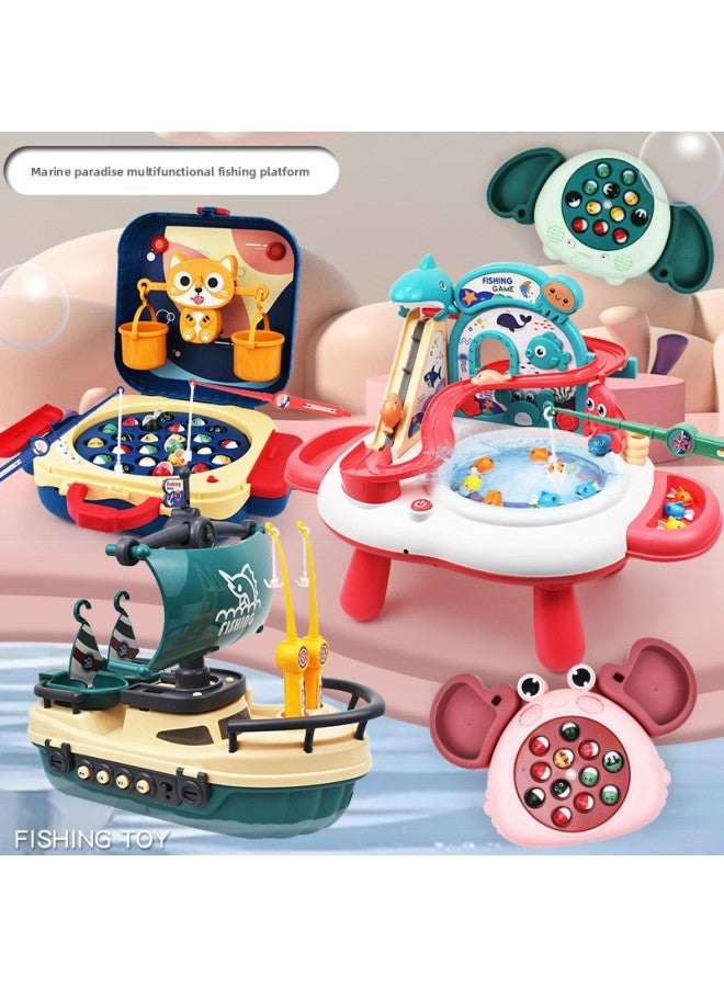 Children's Electric Magnetic Fishing Table Toy Backpack Sailboat Multi-function Early Education Music Rotating Fishing Plate-Color:156-12 Elephant Fishing Platform Green - Image 2