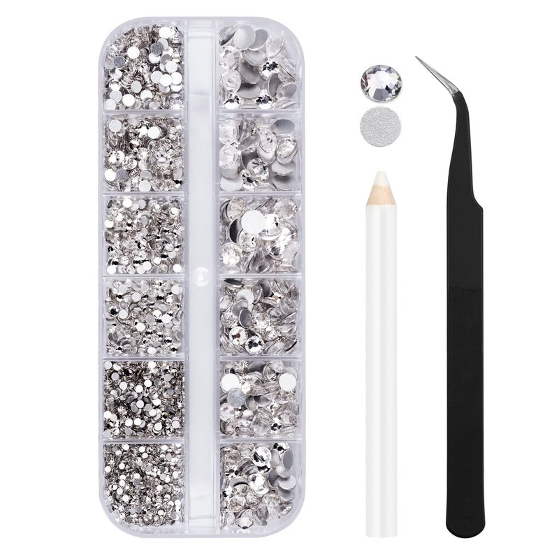 Weico 2000PCS Clear Rhinestones, Round Flat Back Gems Gemstones for Crafts Nails, Glass Diamonds with Tweezer and Wax Pencil for Acrylic Nails Face Eye Makeup Clothes Decoration( 6 Sizes, 1.5-6mm) - Image 1