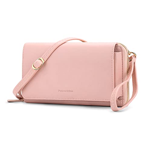 Peacocktion RFID Wristlet Women's Wallets, Leather Women's Crossbody Handbags, Clutch Purses with Phone Pocket Zipper Pink - Image 1