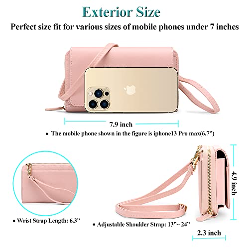 Peacocktion RFID Wristlet Women's Wallets, Leather Women's Crossbody Handbags, Clutch Purses with Phone Pocket Zipper Pink - Image 4