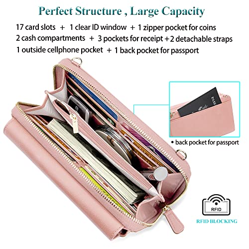 Peacocktion RFID Wristlet Women's Wallets, Leather Women's Crossbody Handbags, Clutch Purses with Phone Pocket Zipper Pink - Image 2
