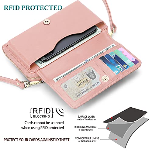 Peacocktion RFID Wristlet Women's Wallets, Leather Women's Crossbody Handbags, Clutch Purses with Phone Pocket Zipper Pink - Image 3