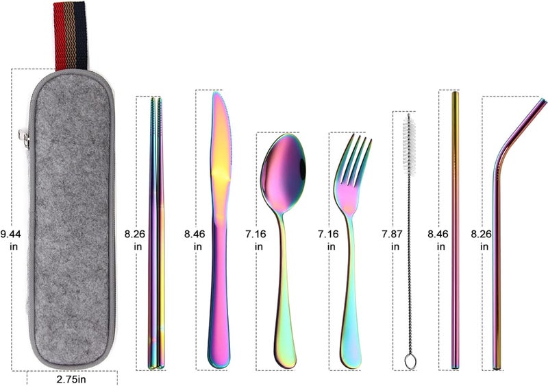 DEVICO Portable Utensils, Travel Camping Cutlery Set, 8-Piece including Knife Fork Spoon Chopsticks Cleaning Brush Straws Portable Case, Stainless Steel Flatware set (Rainbow) - Image 2