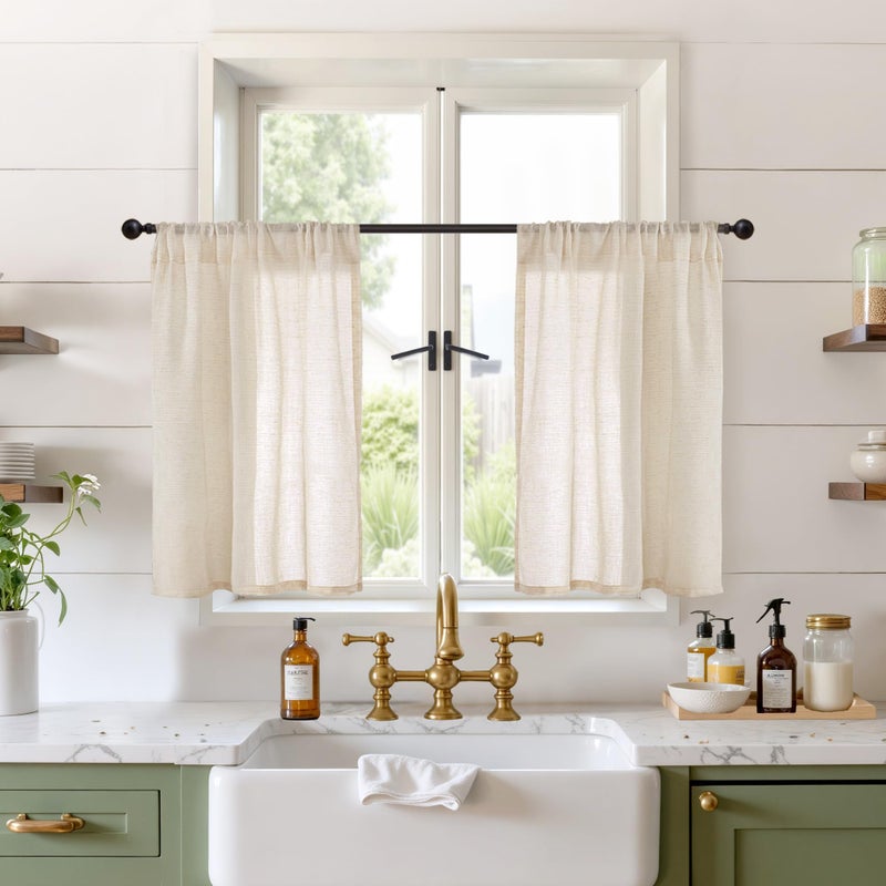BGment Natutal Linen Cafe Curtains 30 Inch Length, Farmhouse Kitchen Window Drapes Semi Sheer with Rod Pocket Lightweight Textured for Bathroom Over Sink Decor, 2 Panels Set, 30 Inch Wide - Image 1