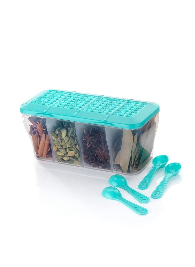 HAPPI Multipurpose Plastic 4 In 1 Masala Box for Kitchen,Spice Boxes for Kitchen,Transparent 4 Compartment Storage Containers Airtight Grocery, Dry Fruits Box 1800 Ml with 4 Spoons(Sea Green) - Image 2
