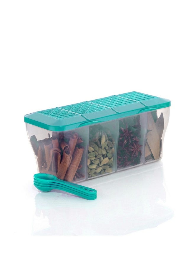HAPPI Multipurpose Plastic 4 In 1 Masala Box for Kitchen,Spice Boxes for Kitchen,Transparent 4 Compartment Storage Containers Airtight Grocery, Dry Fruits Box 1800 Ml with 4 Spoons(Sea Green) - Image 3