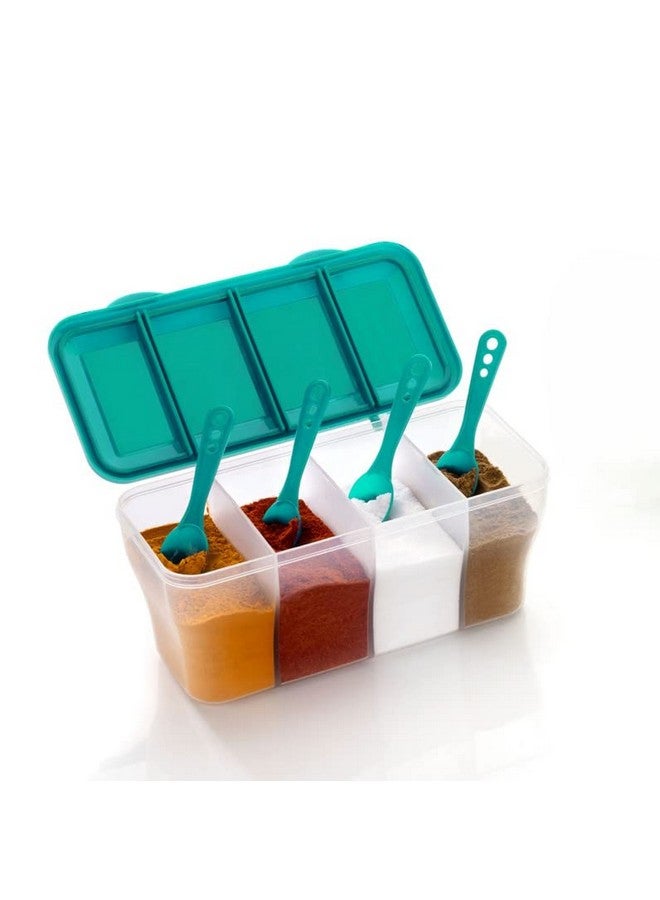 HAPPI Multipurpose Plastic 4 In 1 Masala Box for Kitchen,Spice Boxes for Kitchen,Transparent 4 Compartment Storage Containers Airtight Grocery, Dry Fruits Box 1800 Ml with 4 Spoons(Sea Green) - Image 1
