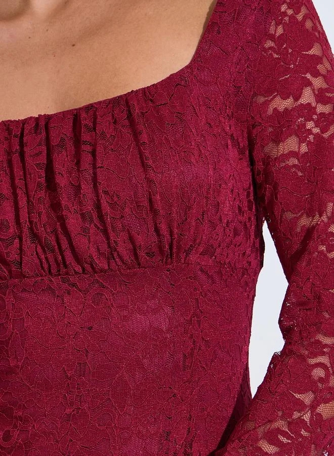 Styli  Maroon Lace Maxi Dress with Long Sleeves for Women | Best Price UAE