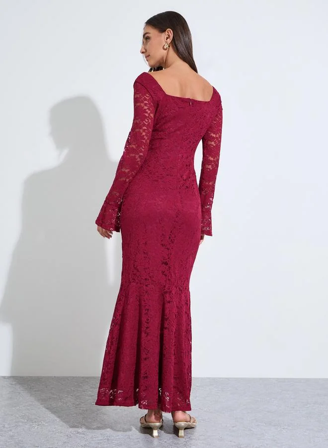 Styli  Maroon Lace Maxi Dress with Long Sleeves for Women | Best Price UAE