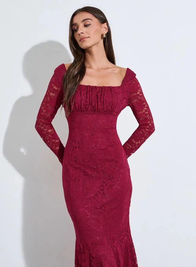 Styli  Maroon Lace Maxi Dress with Long Sleeves for Women | Best Price UAE