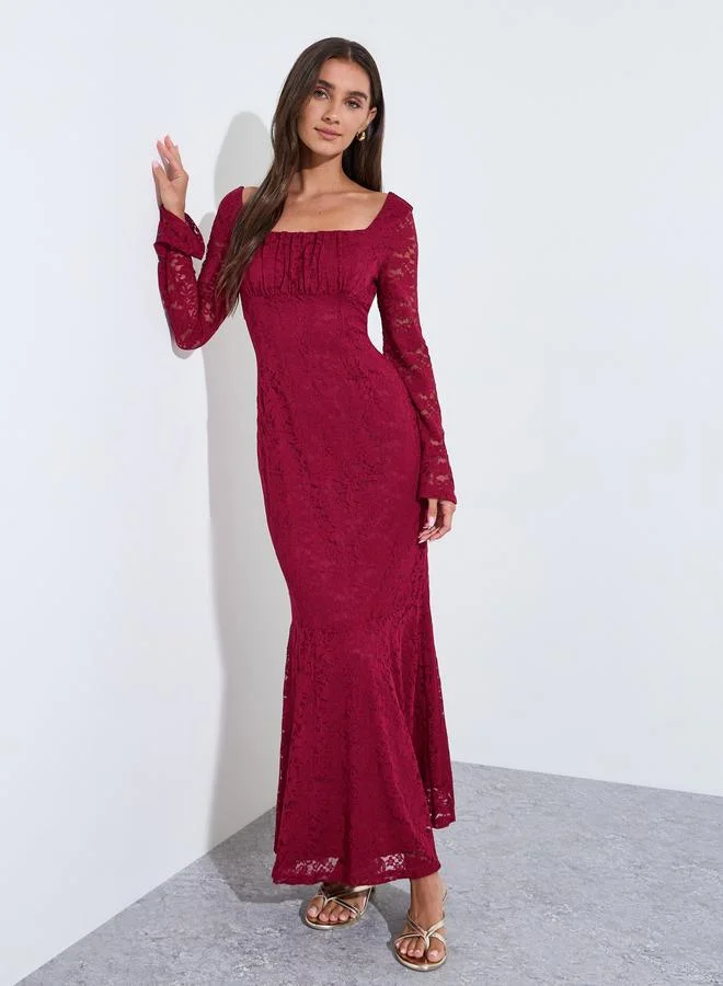 Maroon Lace Maxi Dress with Long Sleeves