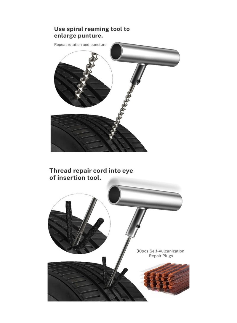 Tire Repair Kit Heavy Duty T Handle Tire Repair Tools Tyre Puncture Repair Kit With Replaceable Reaming Fork Drill Bits Rubber Strips Hex Wrench Nail Puller For Car Truck Suv Road Trip Emergency Repair - Image 3