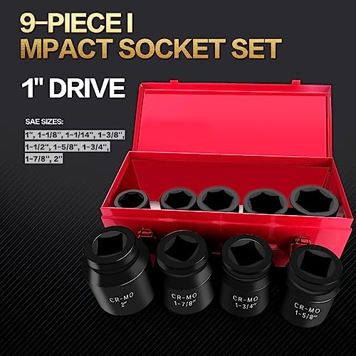 TONYNOL 1 Inch Drive Deep Impact Socket Set,9 Pieces,6-Point,SAE Sizes (1",1-1/8",1-1/14",1-3/8",1-1/2",1-5/8",1-3/4",1-7/8",2"),Cr-Mo Steel - Image 2