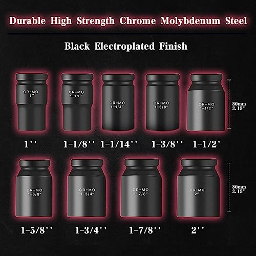 TONYNOL 1 Inch Drive Deep Impact Socket Set,9 Pieces,6-Point,SAE Sizes (1",1-1/8",1-1/14",1-3/8",1-1/2",1-5/8",1-3/4",1-7/8",2"),Cr-Mo Steel - Image 3