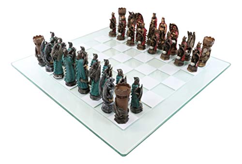 Ebros Gift Colorful Hand Painted Medieval Legend of King Arthur Merlin The Wizard and Dragons Resin Chess Pieces with 15 by 15 Checkered Frosted and Transparent Glass Board Set Gaming Board - Image 1