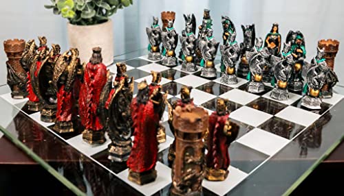 Ebros Gift Colorful Hand Painted Medieval Legend of King Arthur Merlin The Wizard and Dragons Resin Chess Pieces with 15 by 15 Checkered Frosted and Transparent Glass Board Set Gaming Board - Image 5
