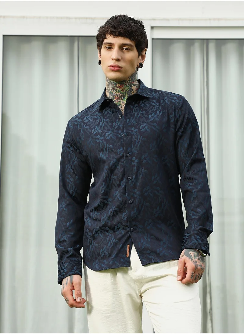 كامبوس سوترا Men's Navy Blue Leaf Pattern Slim Fit Shirt