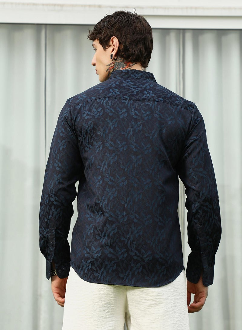 Campus Sutra Men's Navy Blue Leaf Pattern Slim Fit Shirt  - Image 5