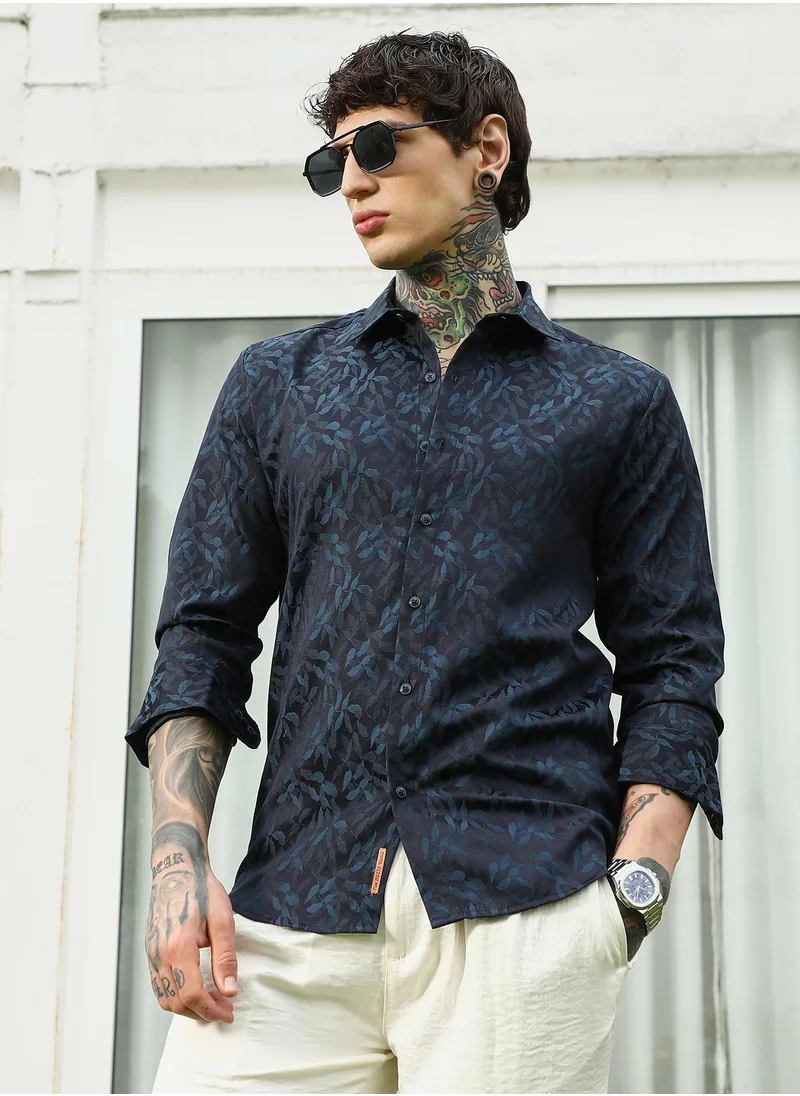 كامبوس سوترا Men's Navy Blue Leaf Pattern Slim Fit Shirt