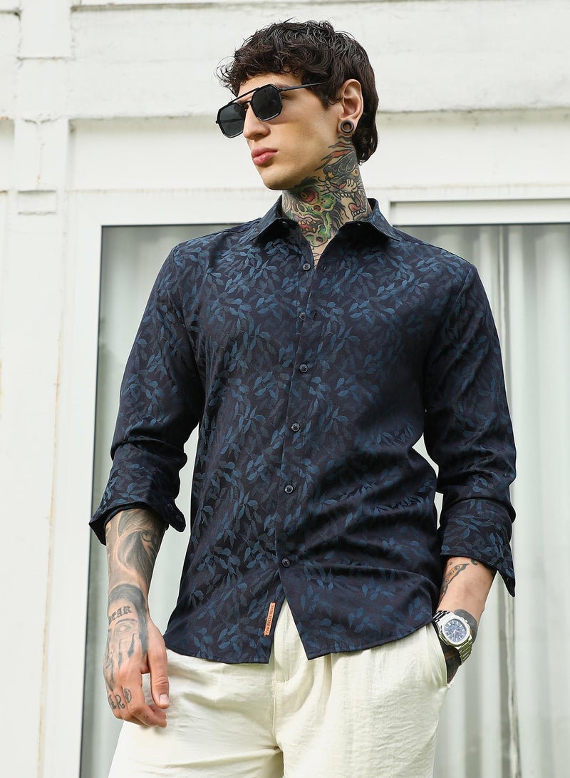 Campus Sutra Men's Navy Blue Leaf Pattern Slim Fit Shirt  - Image 1