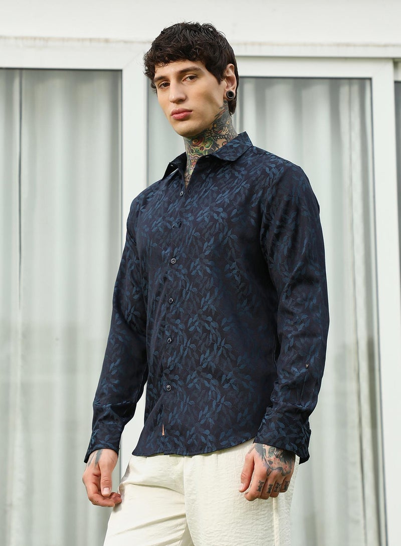 Campus Sutra Men's Navy Blue Leaf Pattern Slim Fit Shirt  - Image 3