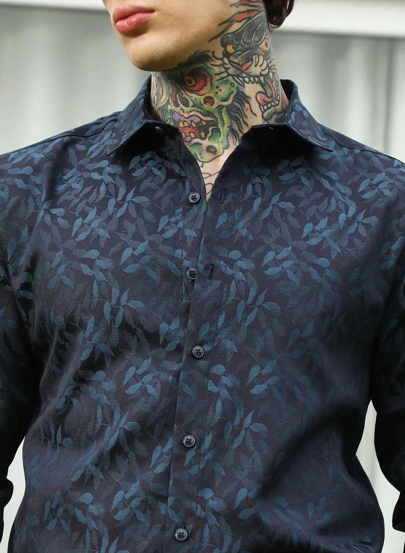 Campus Sutra Men's Navy Blue Leaf Pattern Slim Fit Shirt
