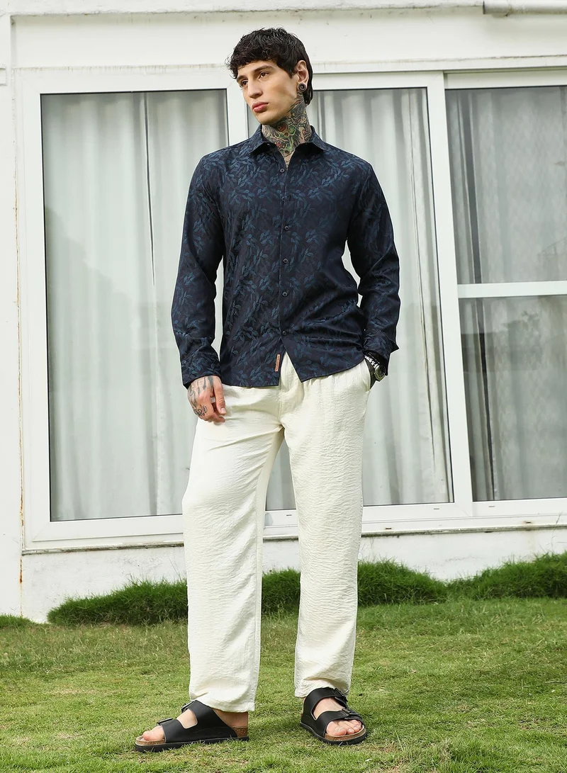 Campus Sutra Men's Navy Blue Leaf Pattern Slim Fit Shirt