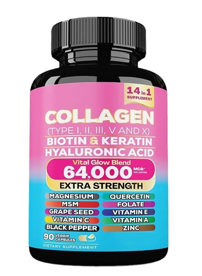 Collagen Collagen Pills Peptides Types I, II, III, V & X MCG Biotin Keratin Hyaluronic Acid MSM Vitamin A Vitamin C Vitamin E Folic Acid Zinc Magnesium with Grape Seed Extract, Quercetin 90 Caps - Image 1
