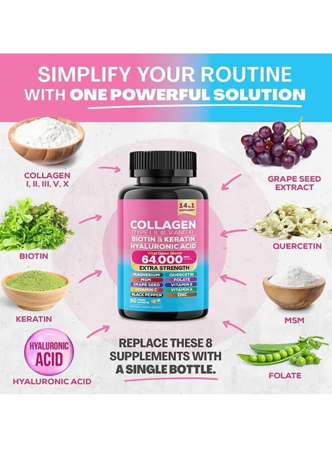 Collagen Collagen Pills Peptides Types I, II, III, V & X MCG Biotin Keratin Hyaluronic Acid MSM Vitamin A Vitamin C Vitamin E Folic Acid Zinc Magnesium with Grape Seed Extract, Quercetin 90 Caps - Image 2