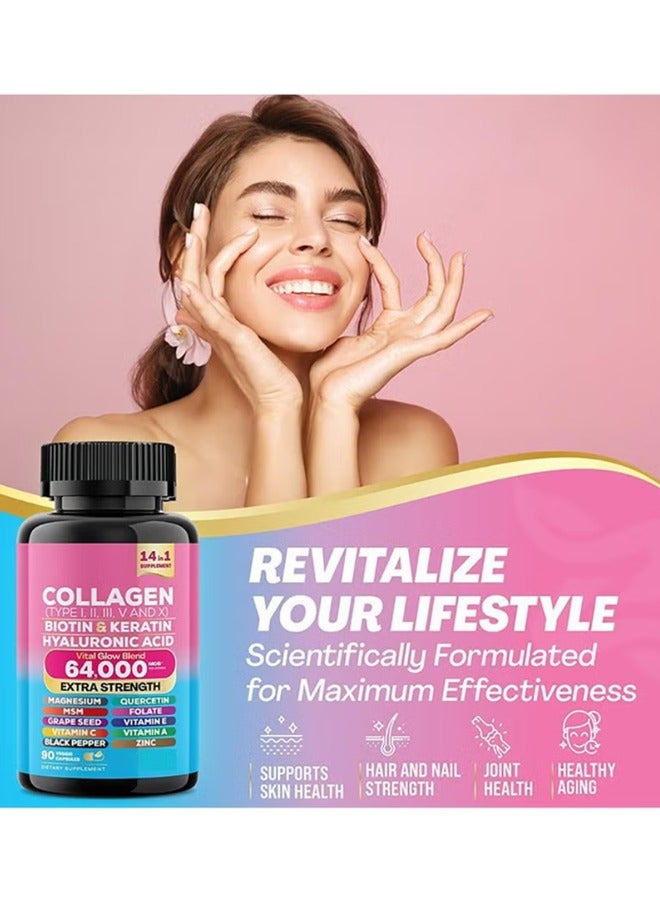 Collagen Collagen Pills Peptides Types I, II, III, V & X MCG Biotin Keratin Hyaluronic Acid MSM Vitamin A Vitamin C Vitamin E Folic Acid Zinc Magnesium with Grape Seed Extract, Quercetin 90 Caps - Image 3