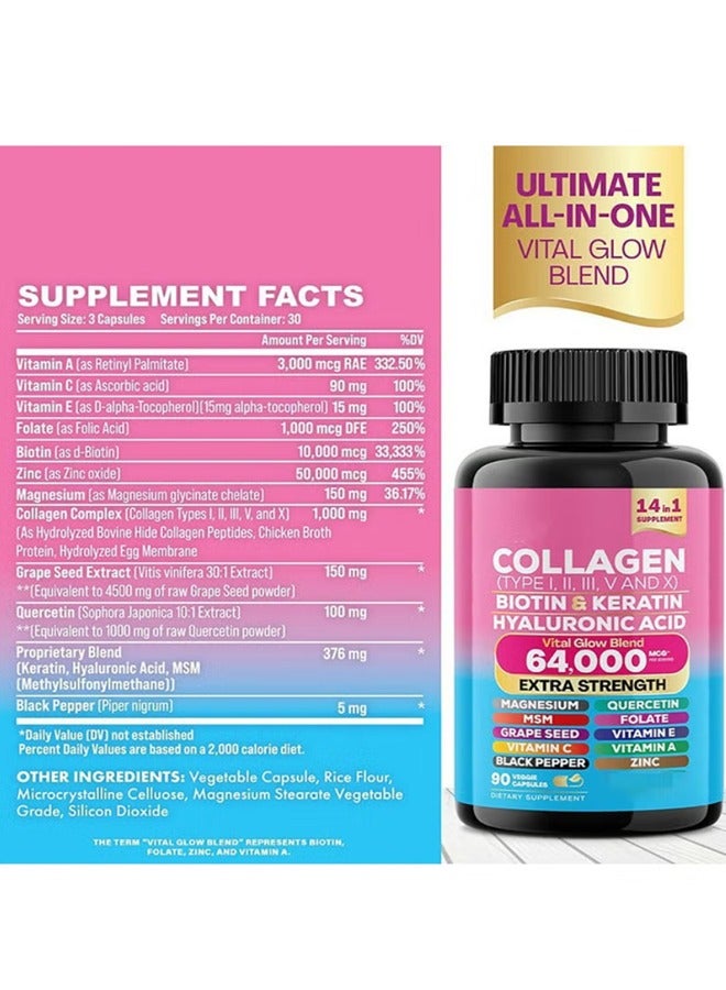 Collagen Collagen Pills Peptides Types I, II, III, V & X MCG Biotin Keratin Hyaluronic Acid MSM Vitamin A Vitamin C Vitamin E Folic Acid Zinc Magnesium with Grape Seed Extract, Quercetin 90 Caps - Image 4