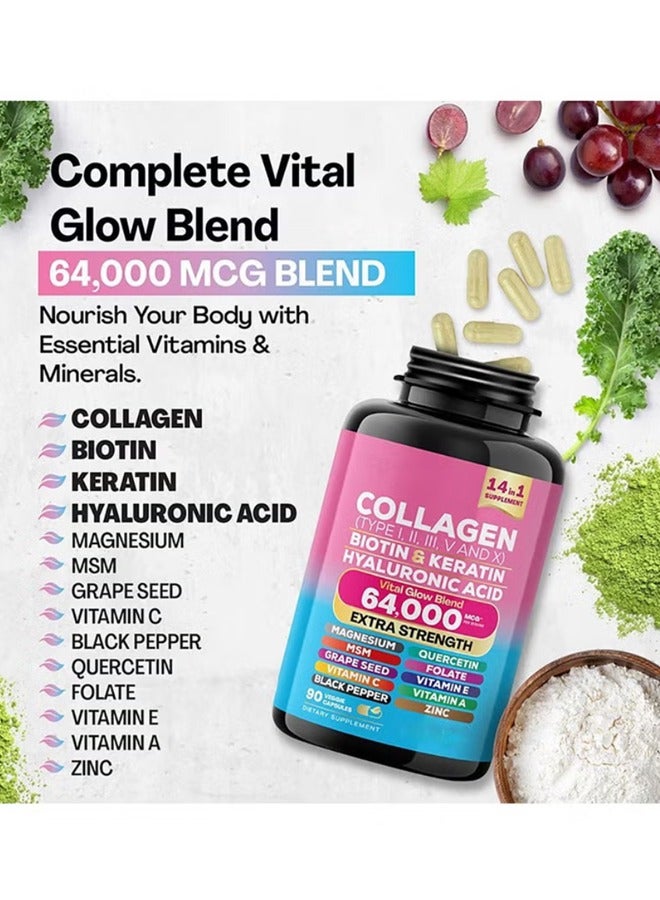 Collagen Collagen Pills Peptides Types I, II, III, V & X MCG Biotin Keratin Hyaluronic Acid MSM Vitamin A Vitamin C Vitamin E Folic Acid Zinc Magnesium with Grape Seed Extract, Quercetin 90 Caps - Image 5