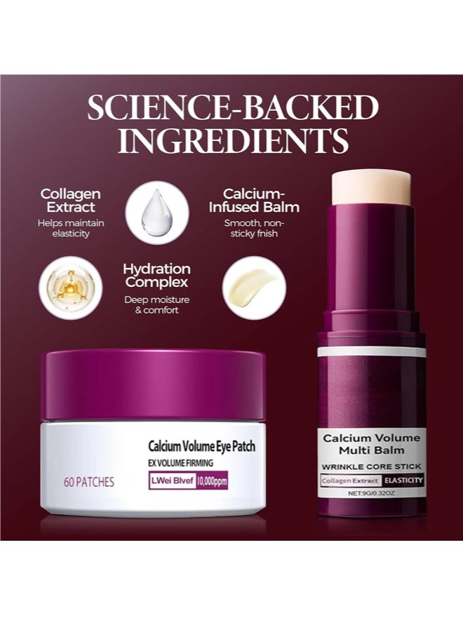 Calcium Volume Multi Balm Stick + Collagen Eye Patches, Anti Wrinkle Calcium Collagen Facial Stick, Hydrating Lifting Skin Barrier Repair Stick, Under Eye Masks for Puffiness, Dark Circles & Fine Lines Skincare Set - Image 2