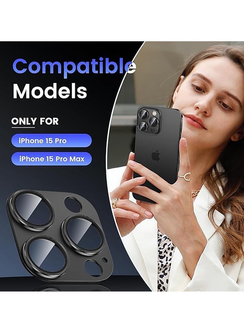 Tempered Glass Cover Camera Lens Protecto for iPhone 15 Pro / iPhone 15 Pro Max with Metal Ring Protector-Black  - Image 2
