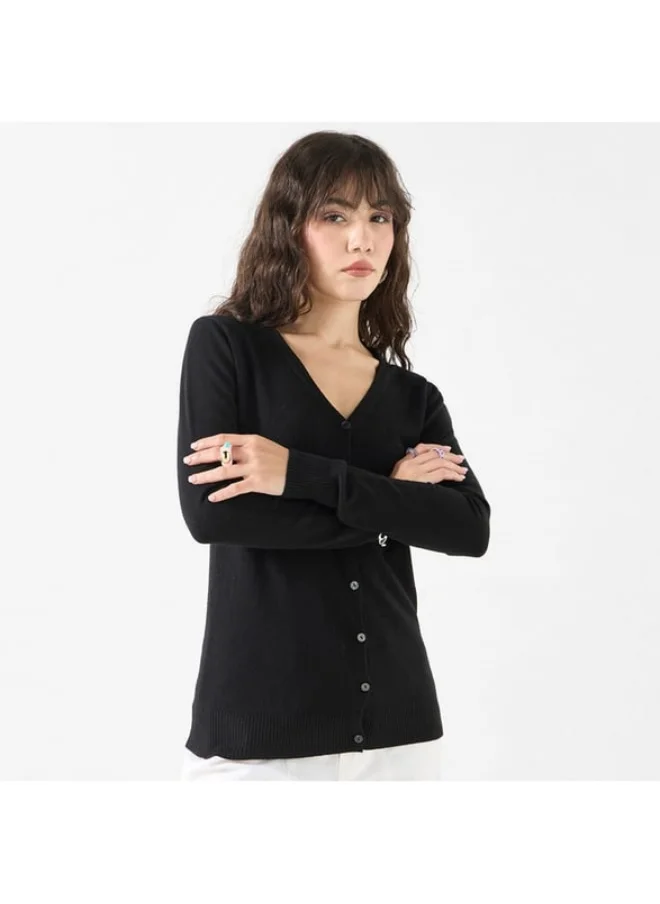 2Xtremz 2Xtremz Solid V-Neck Cardigan with Long Sleeves and Button Closure