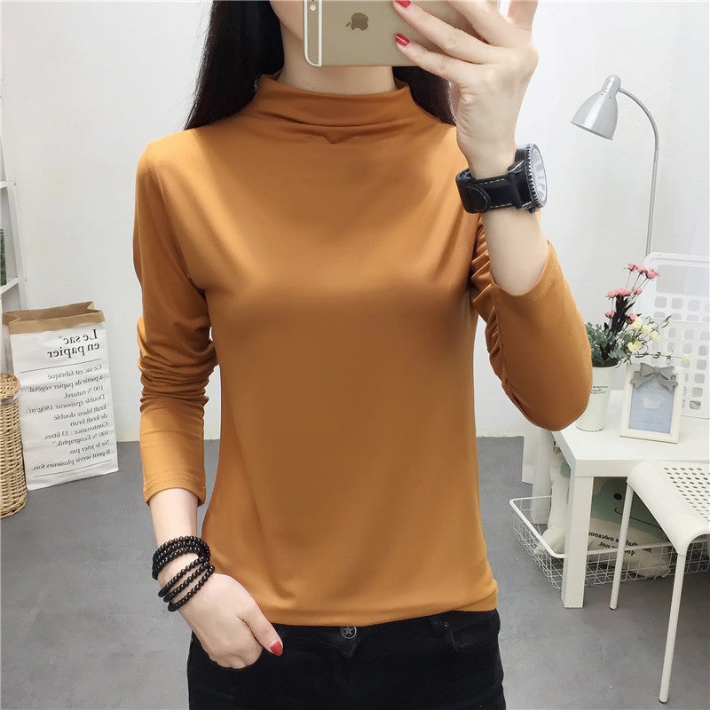 Spring and autumn long sleeve T-shirt women a generation of pullover half high collar slim solid color pink temperament commuter bottoming shirt tide - Image 5