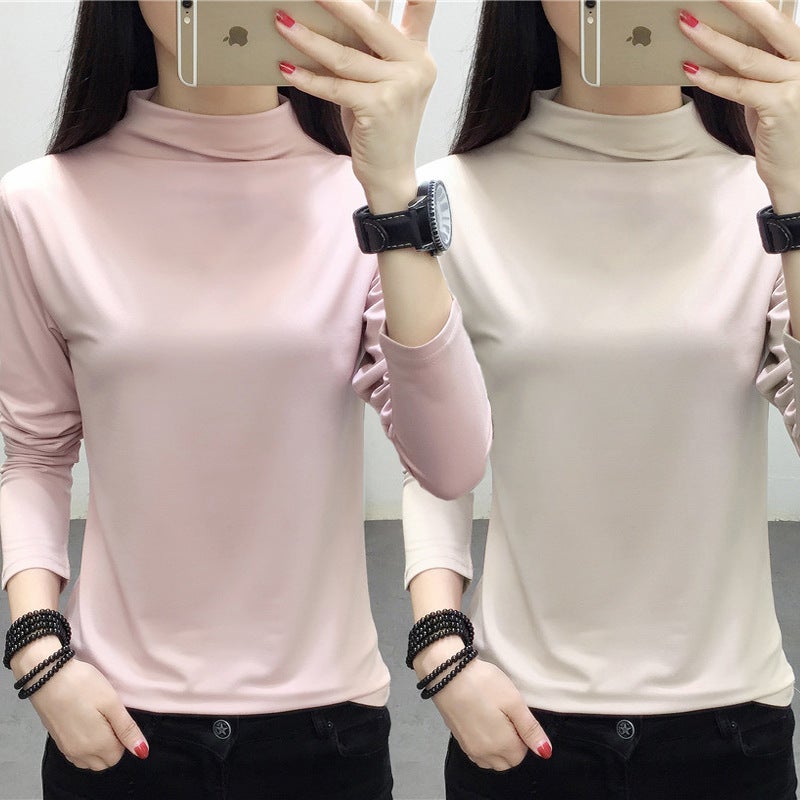 Spring and autumn long sleeve T-shirt women a generation of pullover half high collar slim solid color pink temperament commuter bottoming shirt tide - Image 2