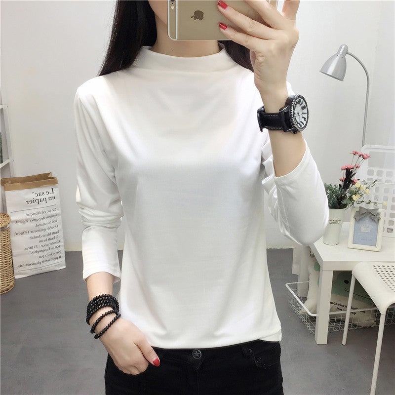 Spring and autumn long sleeve T-shirt women a generation of pullover half high collar slim solid color pink temperament commuter bottoming shirt tide - Image 1